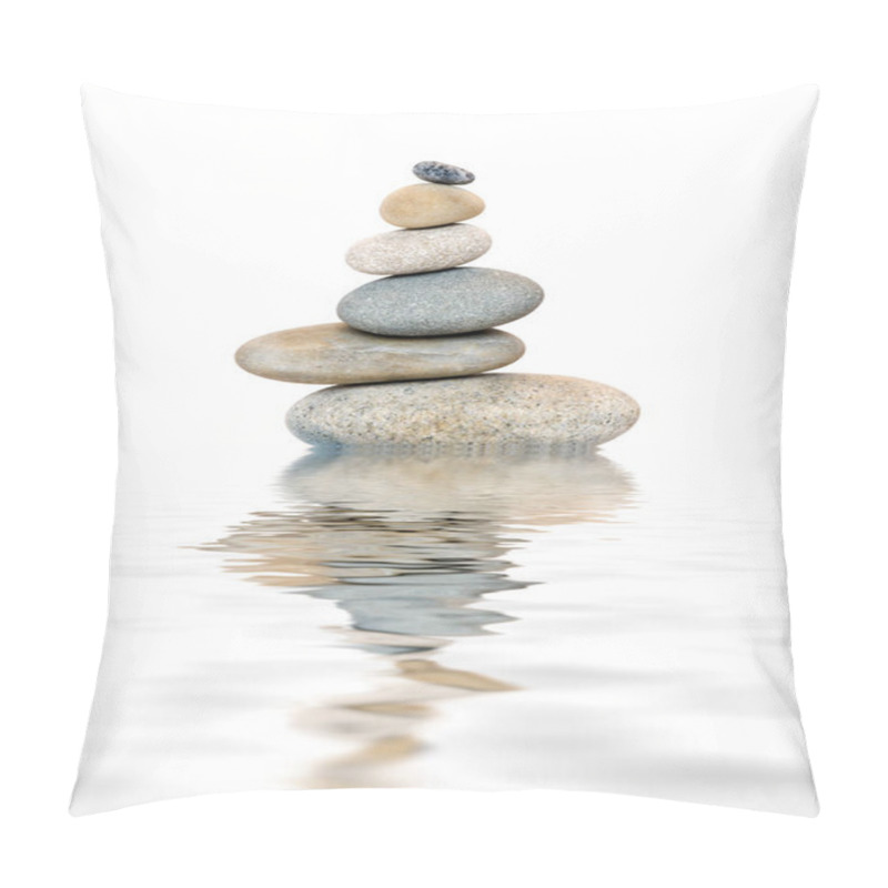 Personality  Well Balanced Pebble Stone Cairn Reflecting In Water Across A White Background Pillow Covers