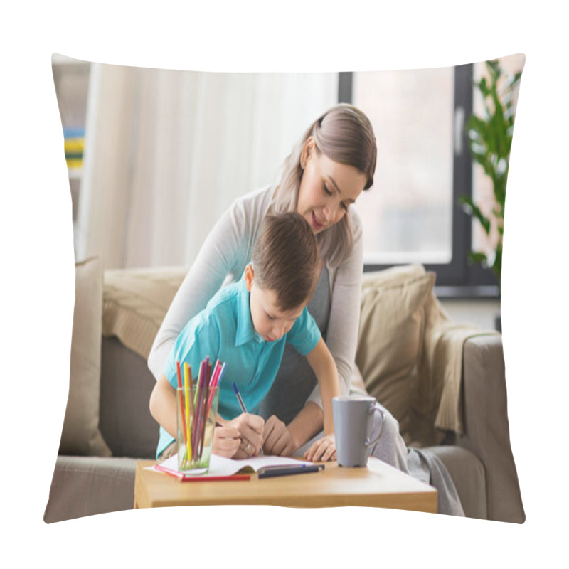 Personality  Mother And Son With Workbook At Home Pillow Covers