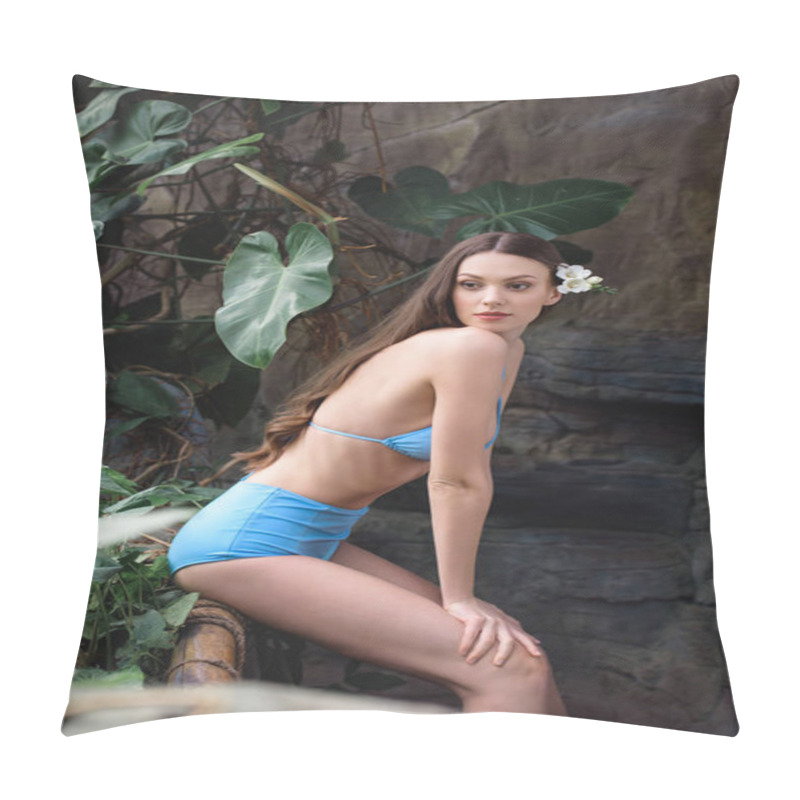 Personality  Slim Girl In Blue Bikini With Flower In Hair Posing On Tropical Resort Pillow Covers