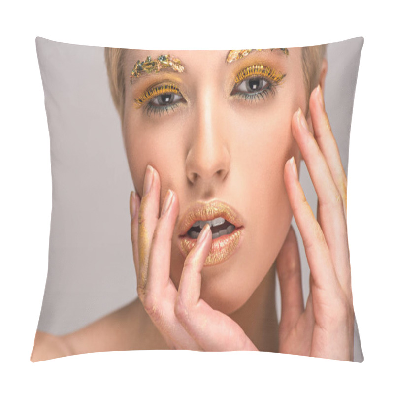 Personality  Attractive Woman With Golden Glittering Makeup Touching Face Isolated On Grey Pillow Covers