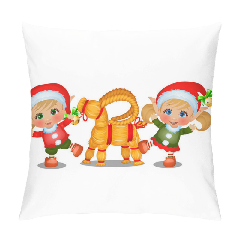 Personality  Set Of Girl And Boy Santas Helpers With Straw Sheep Isolated On White Background. The Attributes Of Christmas And New Year. Vector Cartoon Close-up Illustration. Pillow Covers