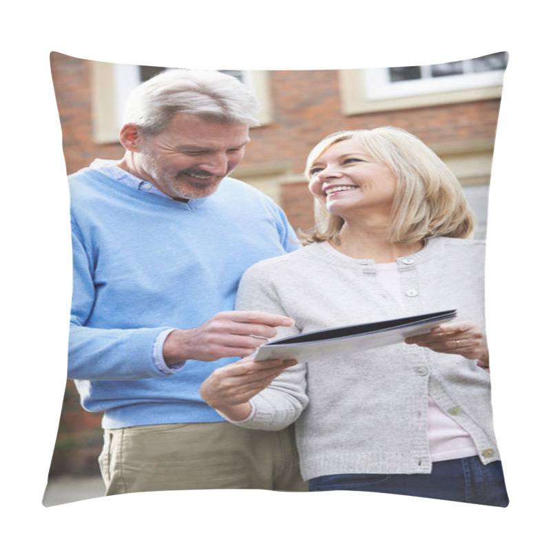 Personality  Mature Couple Standing Outside House Looking At Property Details Pillow Covers