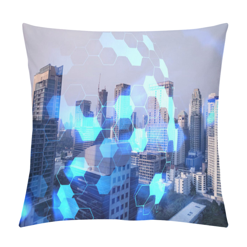 Personality  Hologram Of Abstract Technology Glowing Icons, Panoramic Cityscape Of Bangkok At Sunset, Asia. The Concept Of Worlds Technological Changes. Double Exposure. Pillow Covers