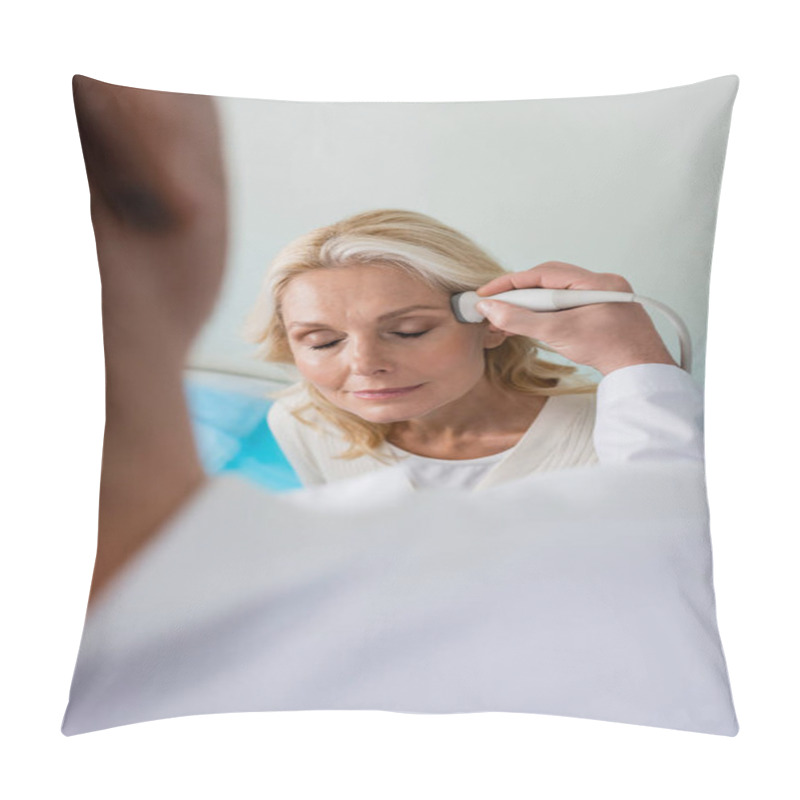 Personality  Middle Aged Woman Sitting With Closed Eyes While Doctor Doing Head Ultrasound On Blurred Foreground Pillow Covers