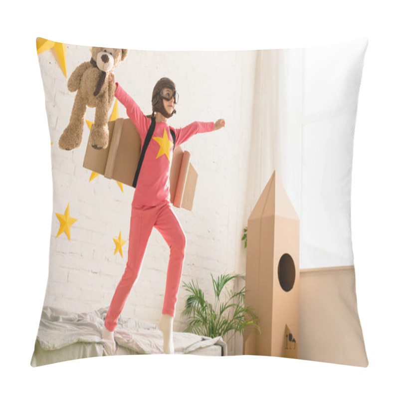 Personality  Active Child With Cardboard Wings Posing On Bed With Teddy Bear Pillow Covers