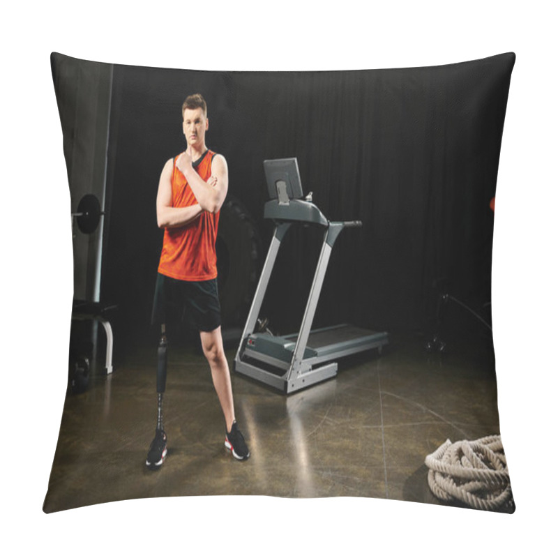 Personality  A Man With A Prosthetic Leg Stands In Front Of A Treadmill, Ready To Start His Workout Routine At The Gym. Pillow Covers