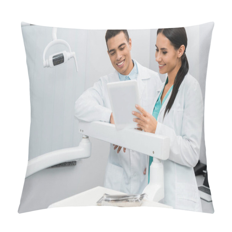 Personality  Cheerful Multicultural Doctors Looking At Digital Tablet Pillow Covers