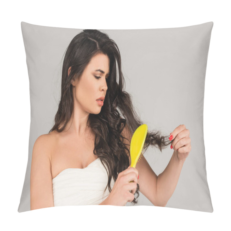 Personality  Upset Woman In White Top Brushing Long And Tousled Hair Isolated On Grey Pillow Covers