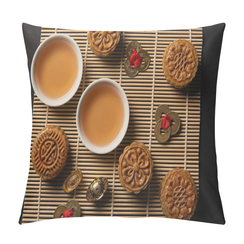 Personality  Top View Of Mooncakes, Feng Shui Coins And Tea Pot With Cups On Bamboo Table Mat Pillow Covers