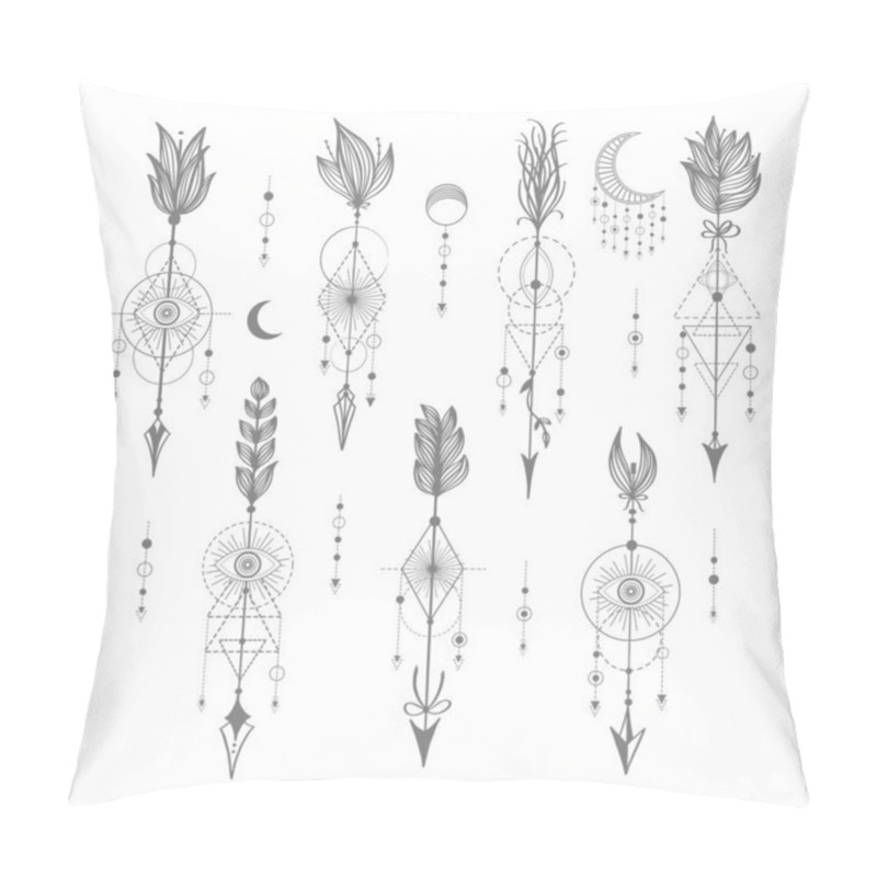 Personality  Vector Set Of Sacred Geometric Symbols With Moon, Eye, Arrows, Dreamcatcher On White Background. Grey Linear Logo And Spiritual Design. Concept Of Imagination, Magic, Creativity, Religion, Astrology. Pillow Covers