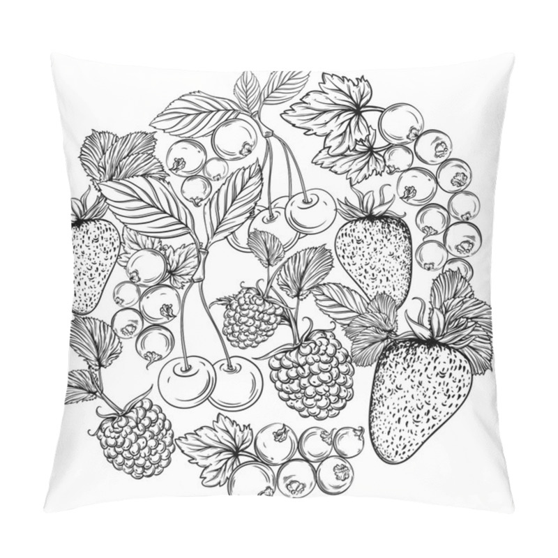 Personality  Collection Of Berries And Fruits In Form Of Circle. Strawberries, Cherries, Currants, Raspberries. Isolated Elements. Vintage Black And White Hand Drawn Vector Illustration Pillow Covers