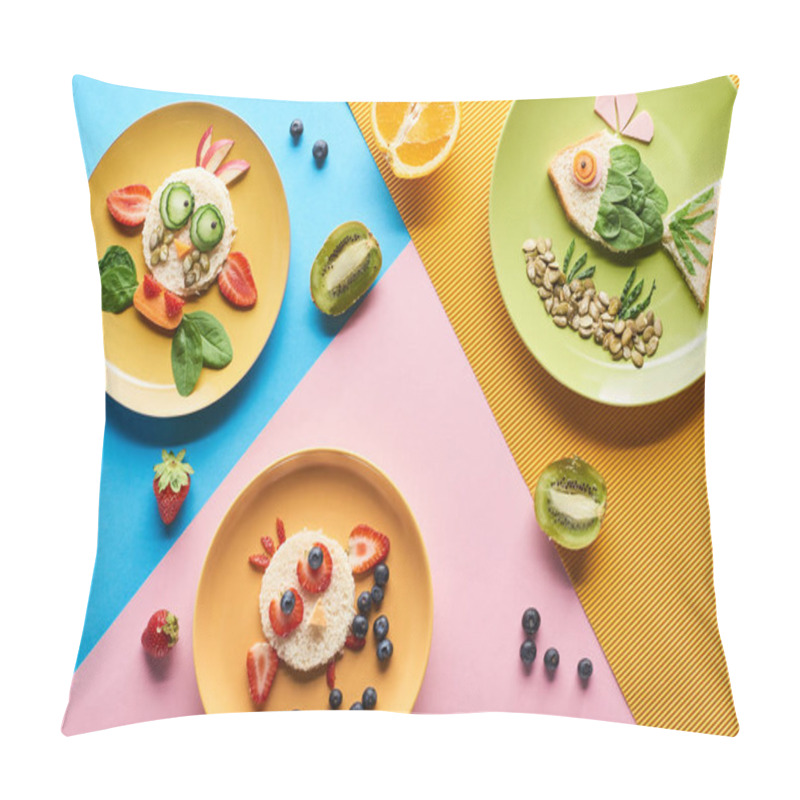 Personality  Top View Of Plates With Fancy Animals Made Of Food For Childrens Breakfast On Blue, Yellow And Pink Background Pillow Covers