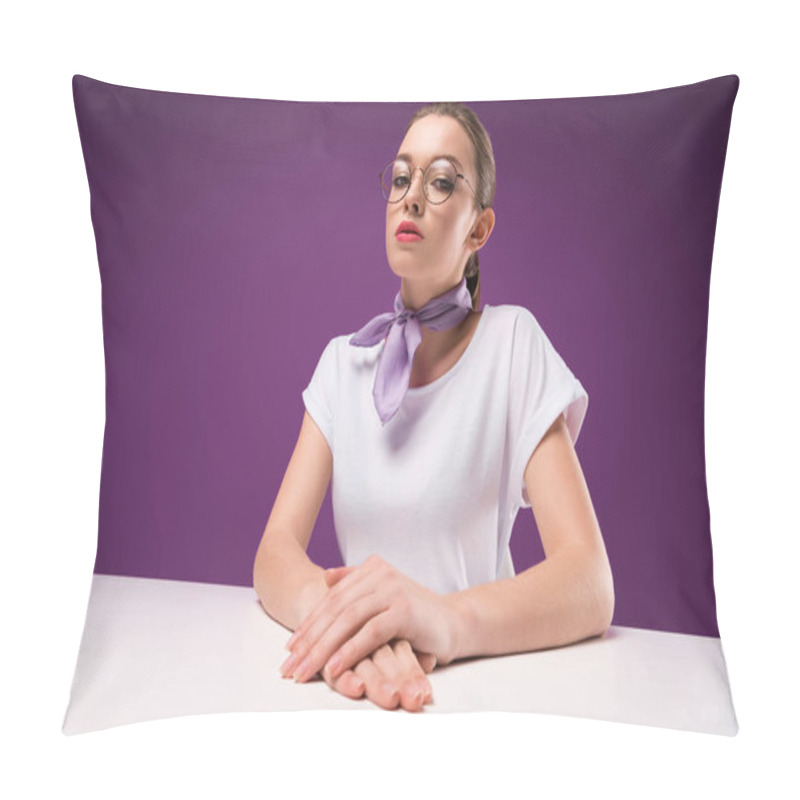 Personality  Pensive Girl Sitting At Table And Looking At Camera Isolated On Purple Pillow Covers