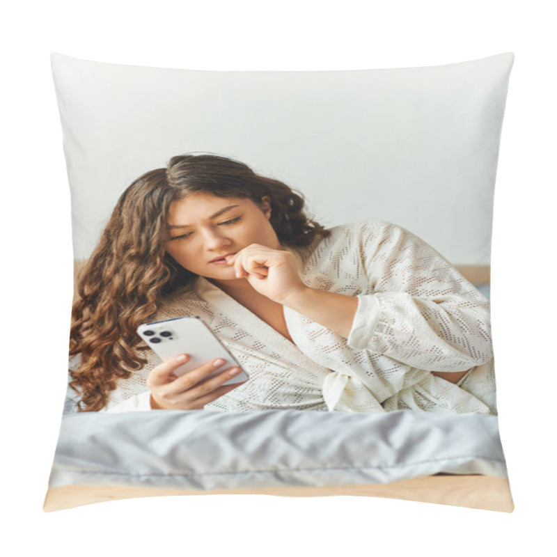 Personality  A Young Beautiful Plus Size Woman Lies On Her Bed, Wrapped In A Soft Robe, Engrossed In Her Phone. Pillow Covers