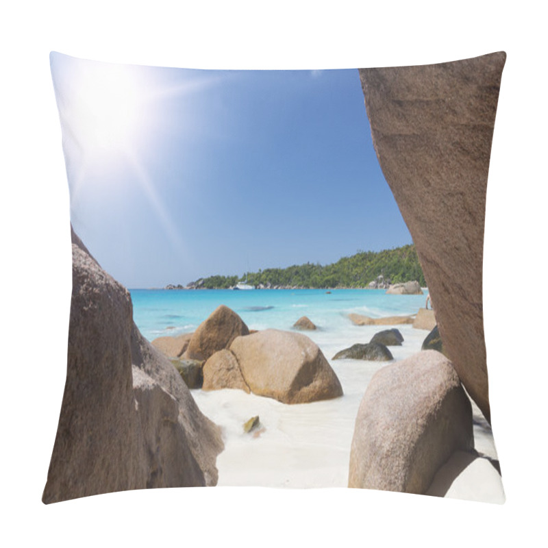 Personality  White Coral Beach Sand And Azure Indian Ocean. Sailing Yacht On Pillow Covers