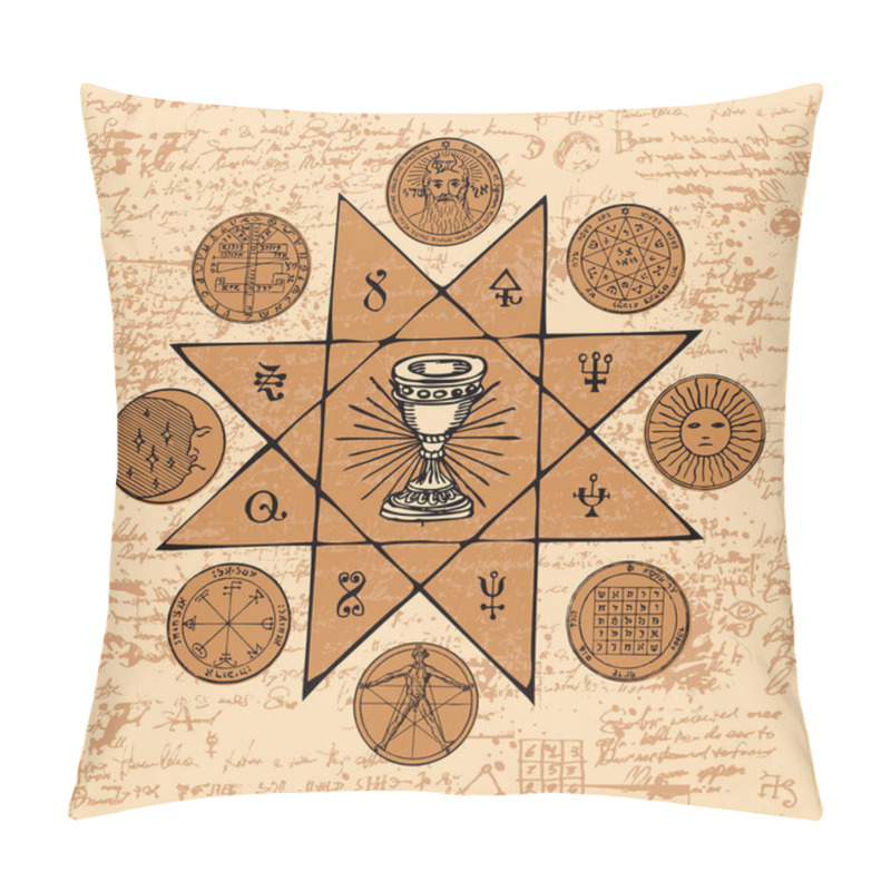 Personality  Vector Banner On The Theme Of Mysticism, Magic, Religion And The Occultism. Hand Drawn Illustration Of A Grail And Other Esoteric And Masonic Symbols On The Background Of An Old Illegible Manuscript Pillow Covers