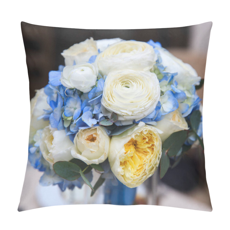 Personality  Wedding Bouquet Composed Of Blue Hydrangea, White-yellow Roses, Creamy Peony Roses And Ranunculus Pillow Covers