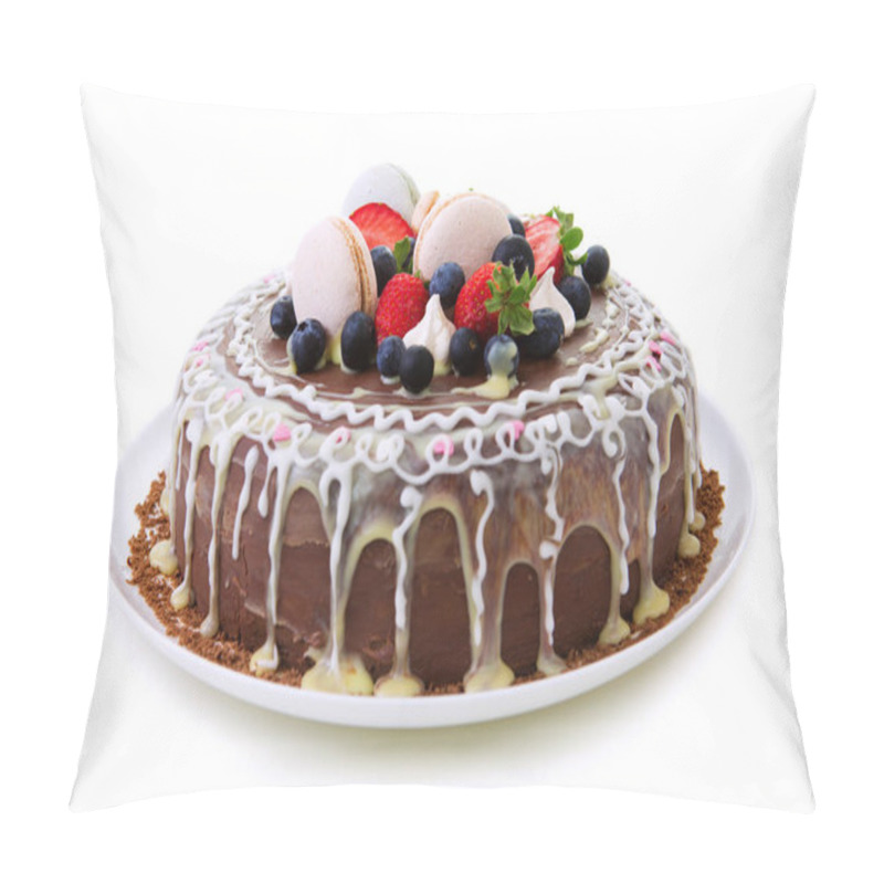 Personality  Fruit Chocolate Birthday Cake Isolated On White Background. Pillow Covers