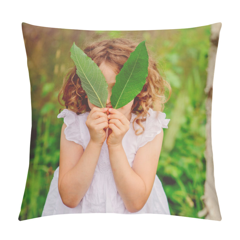 Personality  Child Girl Playing With Leaves In Summer Forest. Nature Exploration With Kids. Outdoor Rural Activities. Pillow Covers