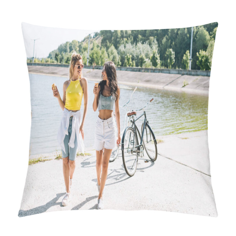 Personality  Smiling Blonde And Brunette Girls Near Bicycles With Ice Cream At River In Summer Pillow Covers