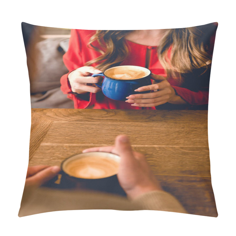 Personality  Cropped View Of Man And Woman Holding Cups With Coffee In Cafe  Pillow Covers