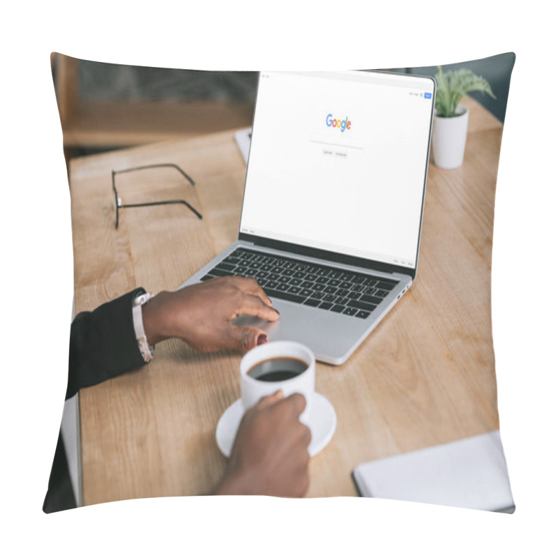 Personality  Cropped View Of African American Woman Using Laptop With Google Browser Near Cup Of Coffee Pillow Covers