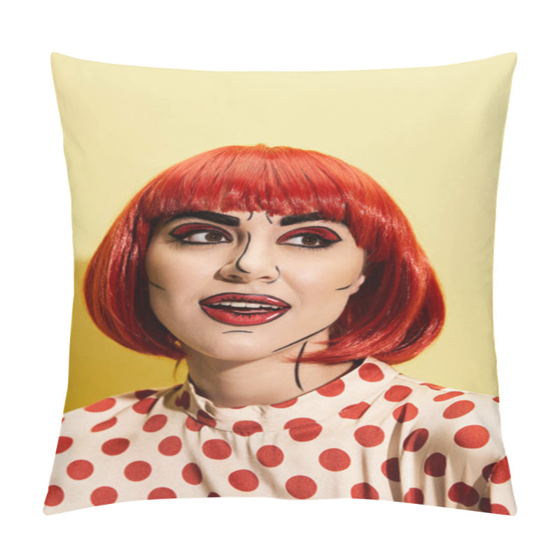 Personality  A Stunning Redhead Woman With Vibrant Pop Art Makeup Wearing A Polka Dot Blouse Against A Yellow Background. Pillow Covers