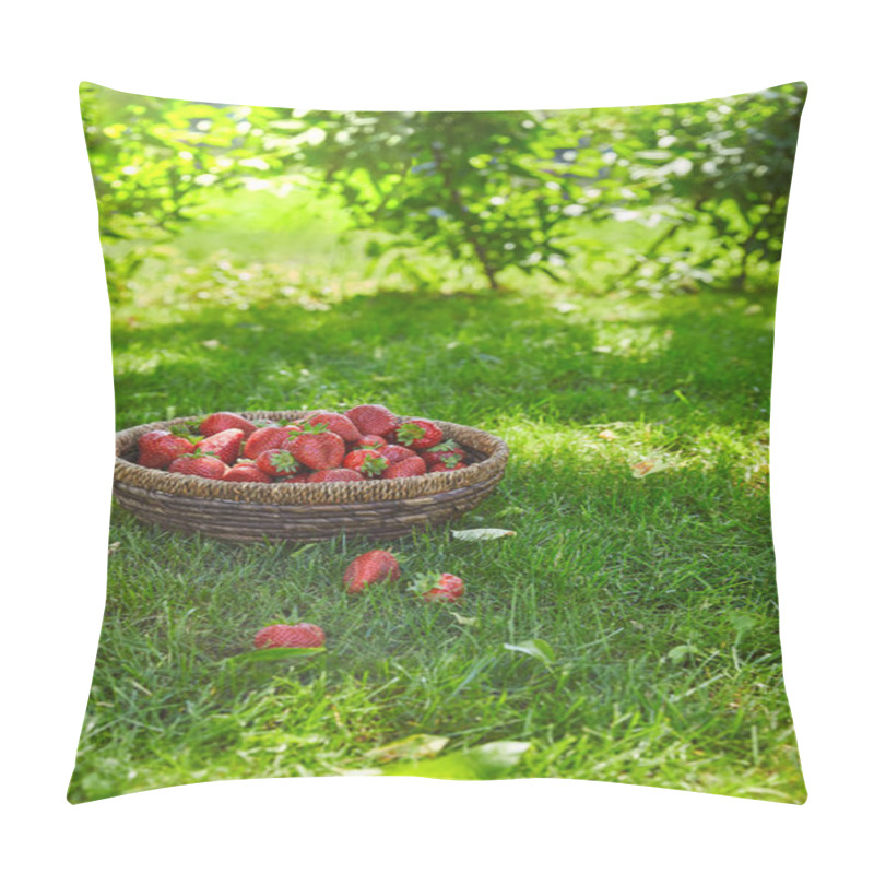 Personality  Red Fresh Strawberries In Wicker Basket On Green Grass In Garden  Pillow Covers