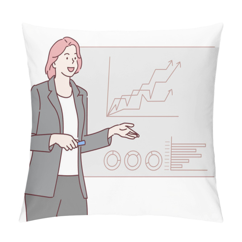 Personality  Confident Business Woman Uses Interactive Screen Makes Report To A Group Of Meeting, She Shows Statistics, Growth And Analysis. Hand Drawn In Thin Line Style, Vector Illustrations. Pillow Covers