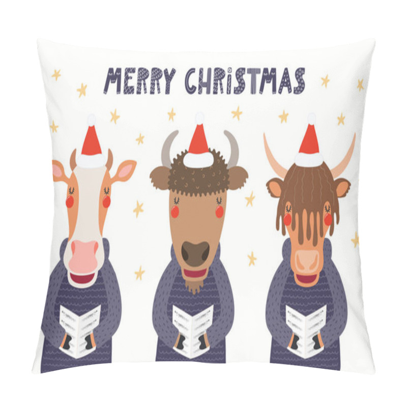 Personality  Hand Drawn Card With Cute Cow, Bison, Yak Singing Carols  With Quote Merry Christmas Isolated On White Background. Scandinavian Style Flat Design. Concept For Kids Print. Pillow Covers