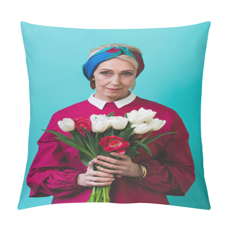 Personality  Attractive Senior Woman With Bouquet Of Tulips, Isolated On Turquoise Pillow Covers