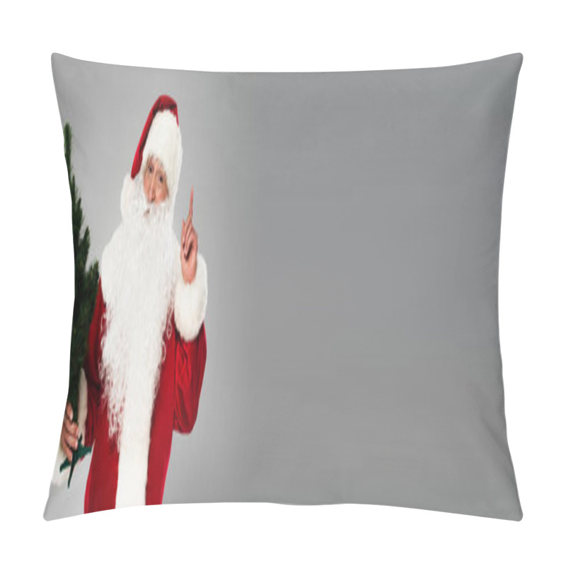 Personality  Santa Claus Having Idea And Holding Small Pine Tree Isolated On Grey, Banner  Pillow Covers