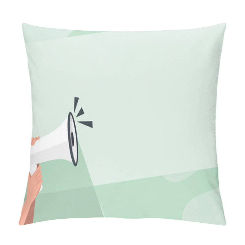 Personality  Human Hand Holding Tightly The Megaphone With Volume Icon. Blank Word Space For Announcement And Promotions. Loudhailer Grasp By Person With Sound And Empty Room For Text Graphics. Pillow Covers