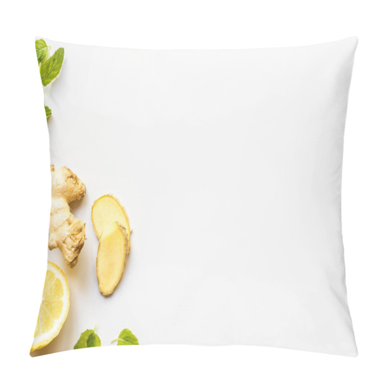 Personality  Top View Of Ginger Root, Lemon And Mint Leaves On White Background Pillow Covers