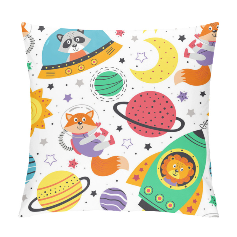 Personality  Seamless Pattern With Space Animals On White Background. Lion,fox,raccoon In Space - Vector Illustration, Eps     Pillow Covers