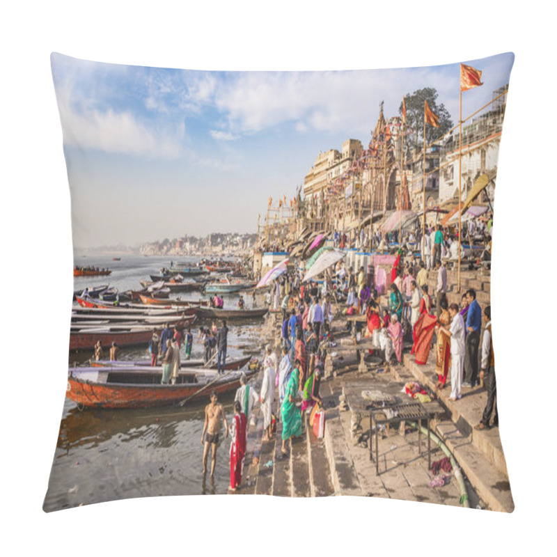 Personality  Varanasi, Uttar Pradesh, India- March 15 2017: Panoramic View Of The Sacred City Of Varanasi With People Taking Morning Bath At The Ganges River. Pillow Covers