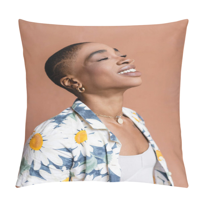 Personality  Portrait Of Joyful And Stylish African American Woman Closing Eyes Outdoors  Pillow Covers