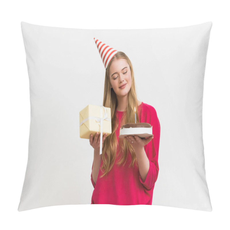 Personality  Happy Girl In Party Cap Looking At Birthday Cake And Holding Present Isolated On White  Pillow Covers