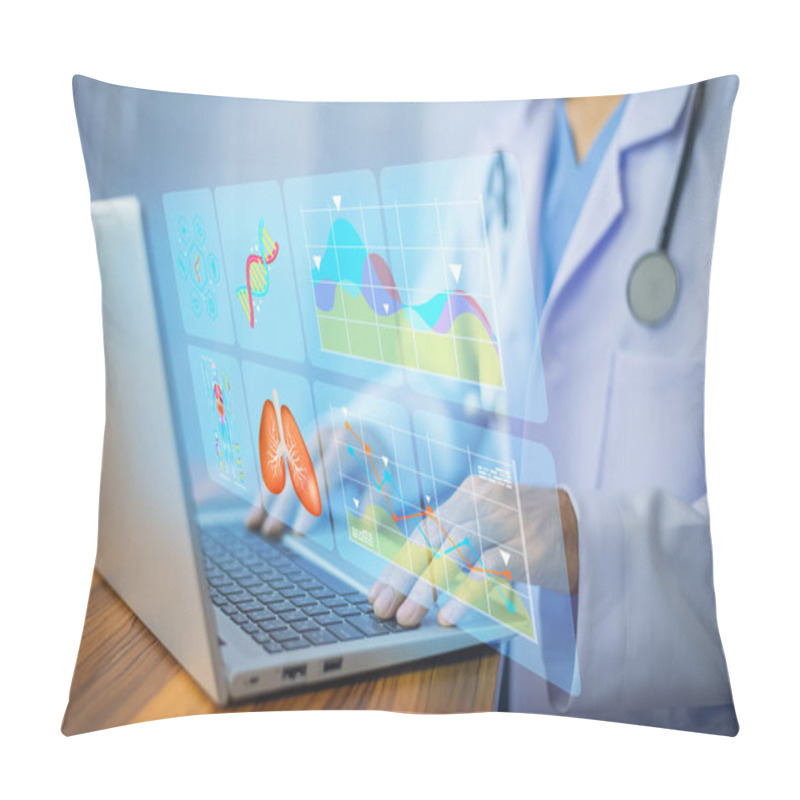 Personality  Doctor Using Computer Loading Document Data And Analysis For Planning Patient. Pillow Covers