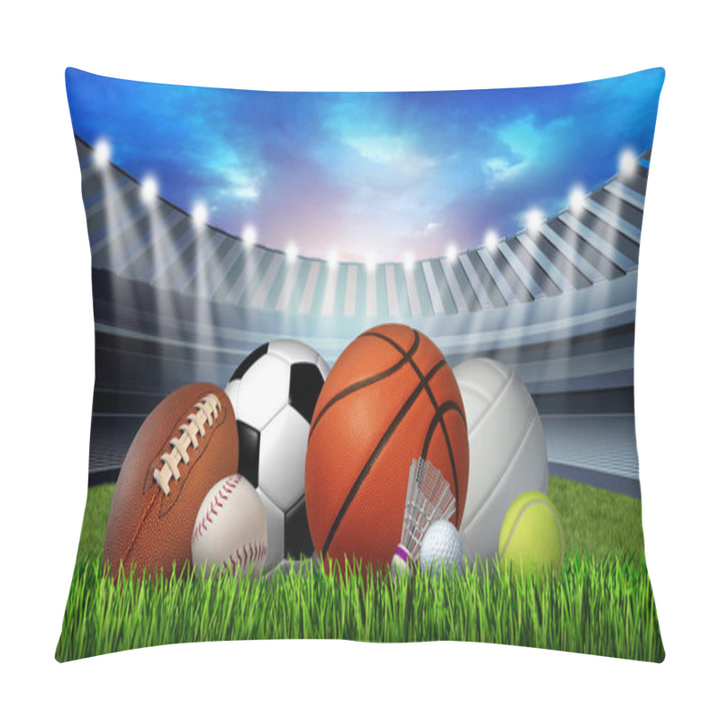 Personality  Sports Stadium Equipment And Leisure Sports On Grass In A Sport Stadium With A Football Basketball Baseball Golf Soccer Tennis Ball Volleyball And Badminton Birdie As A Symbol Of Healthy Physical Activity With 3D Illustration Elements. Pillow Covers