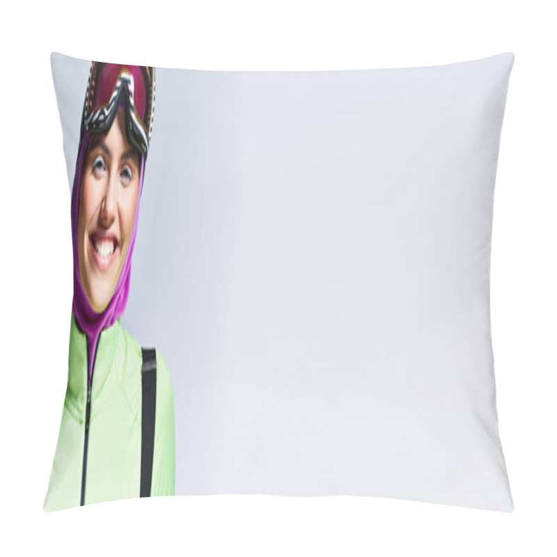 Personality  Cheerful Woman In Winter Active Wear With Balaclava On Head And Ski Glasses On Grey Backdrop, Banner Pillow Covers