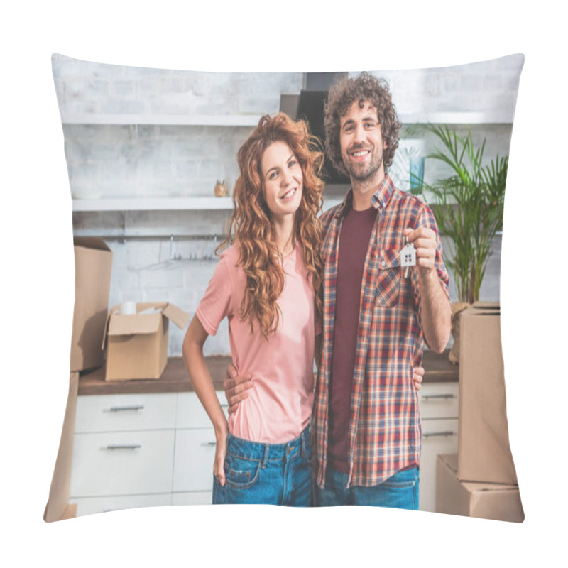 Personality  Smiling Couple Hugging And Holding House Trinket With Keys At New Home Pillow Covers