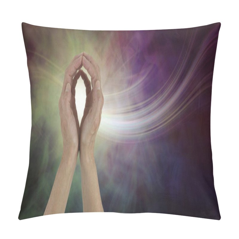 Personality  Psychic Demonstrating Energy Capture - Female Hands Making An Egg Shape With A White Light And Moving Energy On Dark Background With Copy Space   Pillow Covers