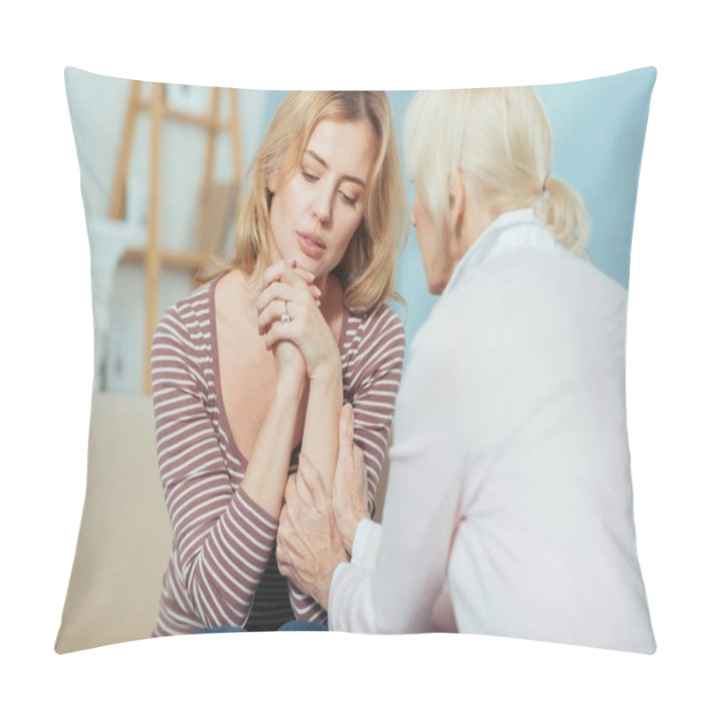 Personality  Sad Young Woman Looking Exhausted While Her Granny Supporting Her Pillow Covers