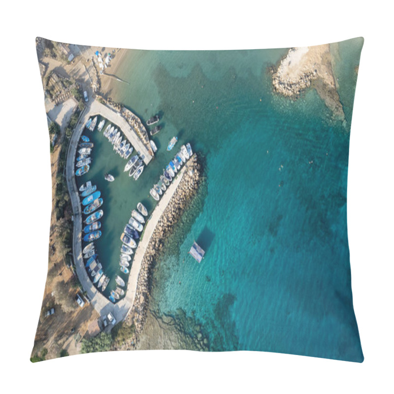 Personality  Aerial Drone View Of Fishing Harbour And Sandy Beach. Agia Triada People Swimming And Fishing Boats Moored At The Harbor. Protaras Paralimni Cyprus Pillow Covers