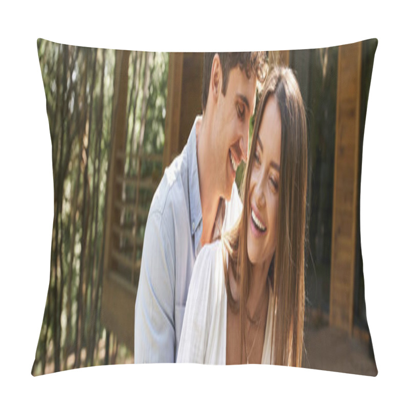 Personality  Banner, Laughter, Happy Man Hugging Cheerful Woman Near Vacation House, Summer Love And Romance Pillow Covers