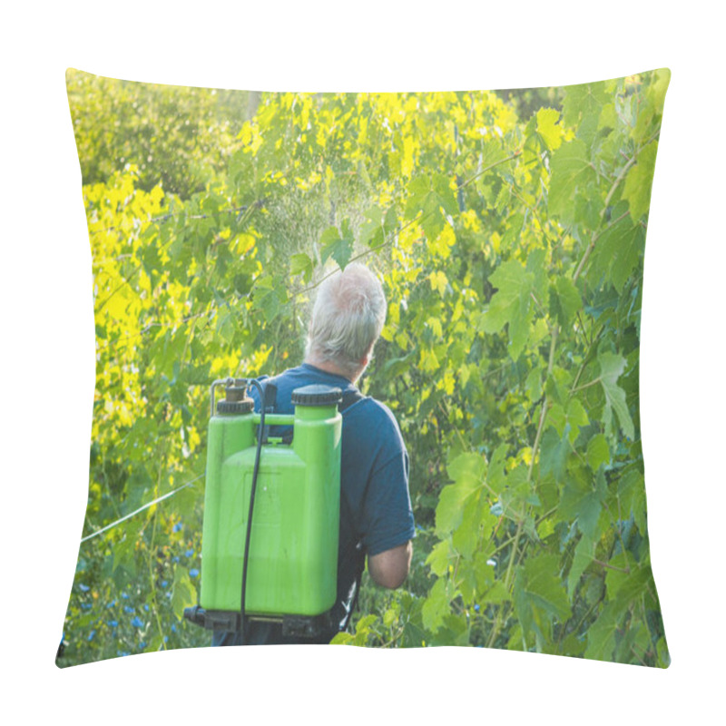 Personality  Farmer Spraying Fungicide To Organic Grape Vines Plants During Summer Before Next Harvest In The Italian Hills Of Piacenz Pillow Covers