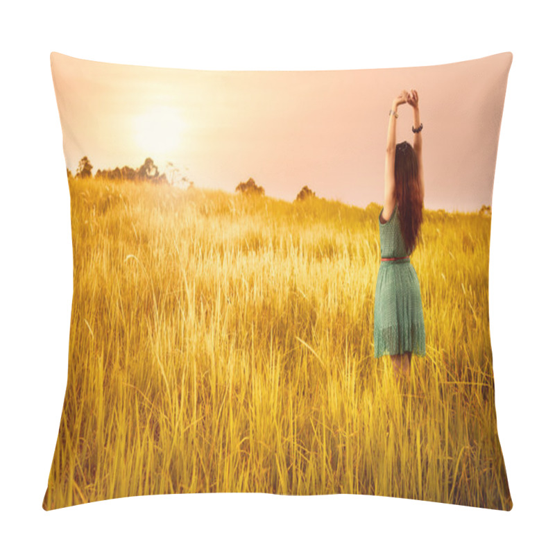 Personality  Happy Young Asian Woman Standing In Meadows Pillow Covers