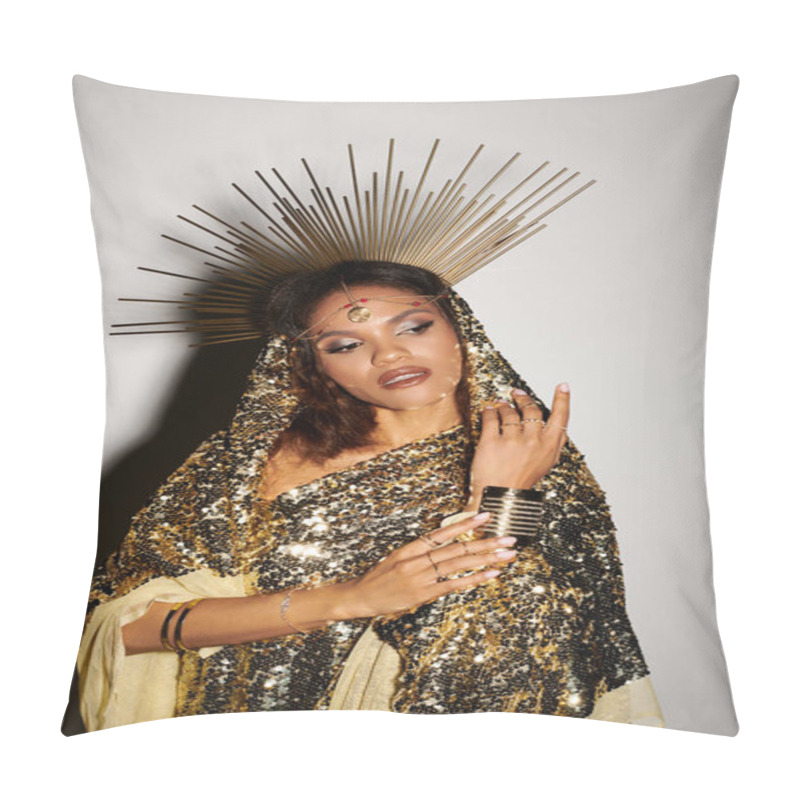 Personality  An Exquisite African American Goddess Adorned In A Shimmering Golden Dress Captivates With Her Elegance. Pillow Covers