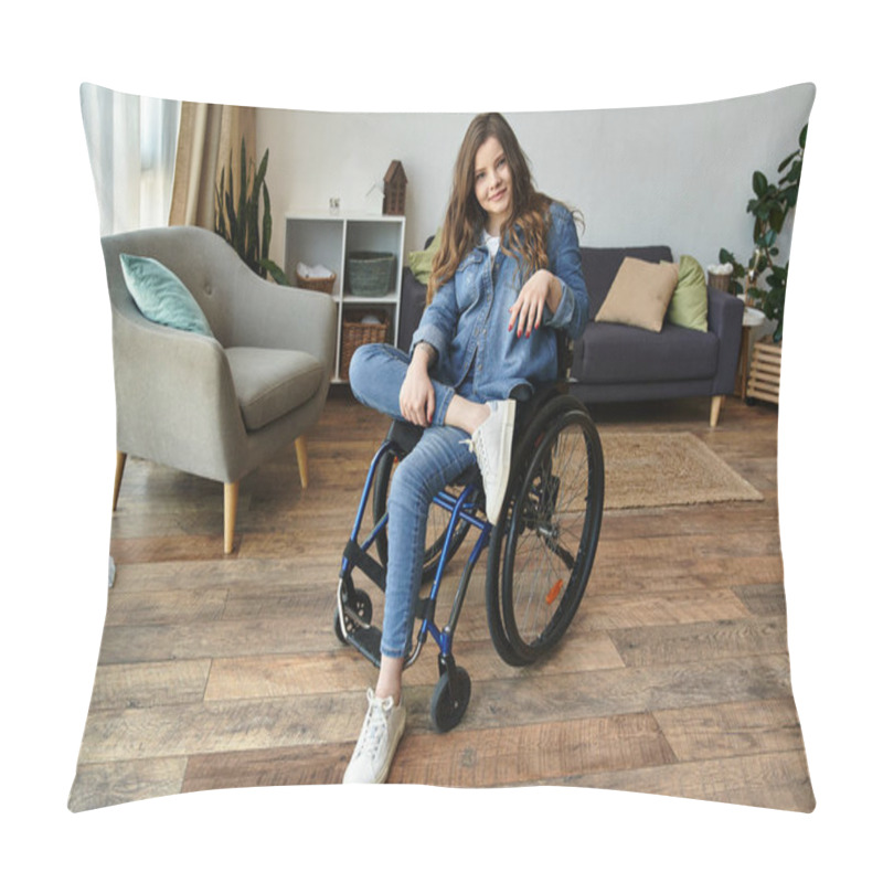 Personality  A Young Woman In A Wheelchair Sits Confidently In Her Modern Apartment, Showcasing A Life Full Of Possibilities. Pillow Covers